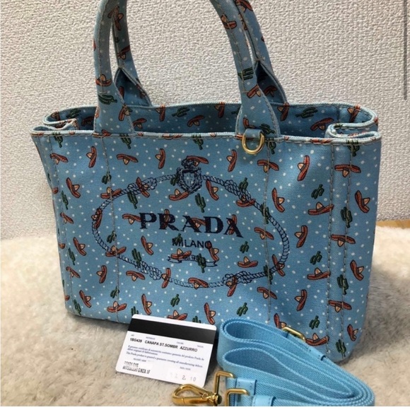 PRADA - Sombrero Print Small Canapa Tote Bag -RARE - Picture 3 of 14